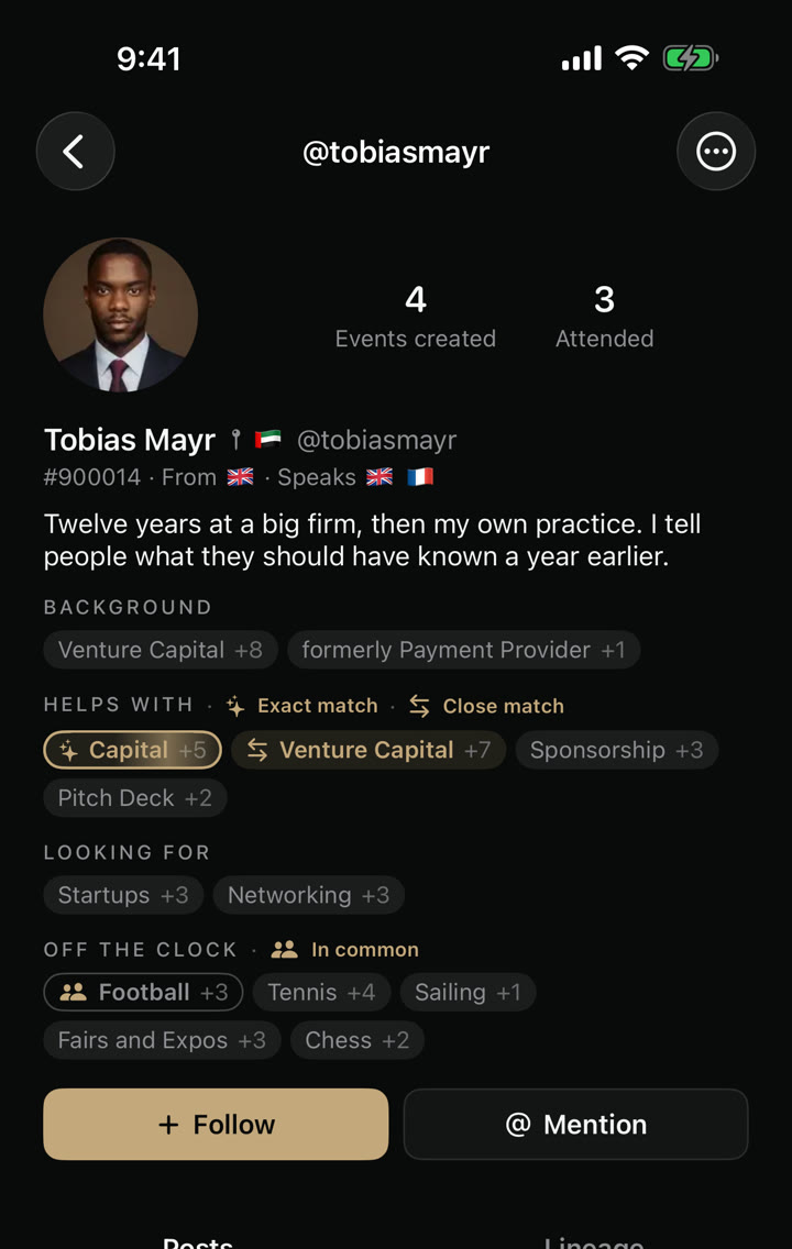 A member profile on an iPhone: what he helps with, what he is looking for, and what you have in common, like football.