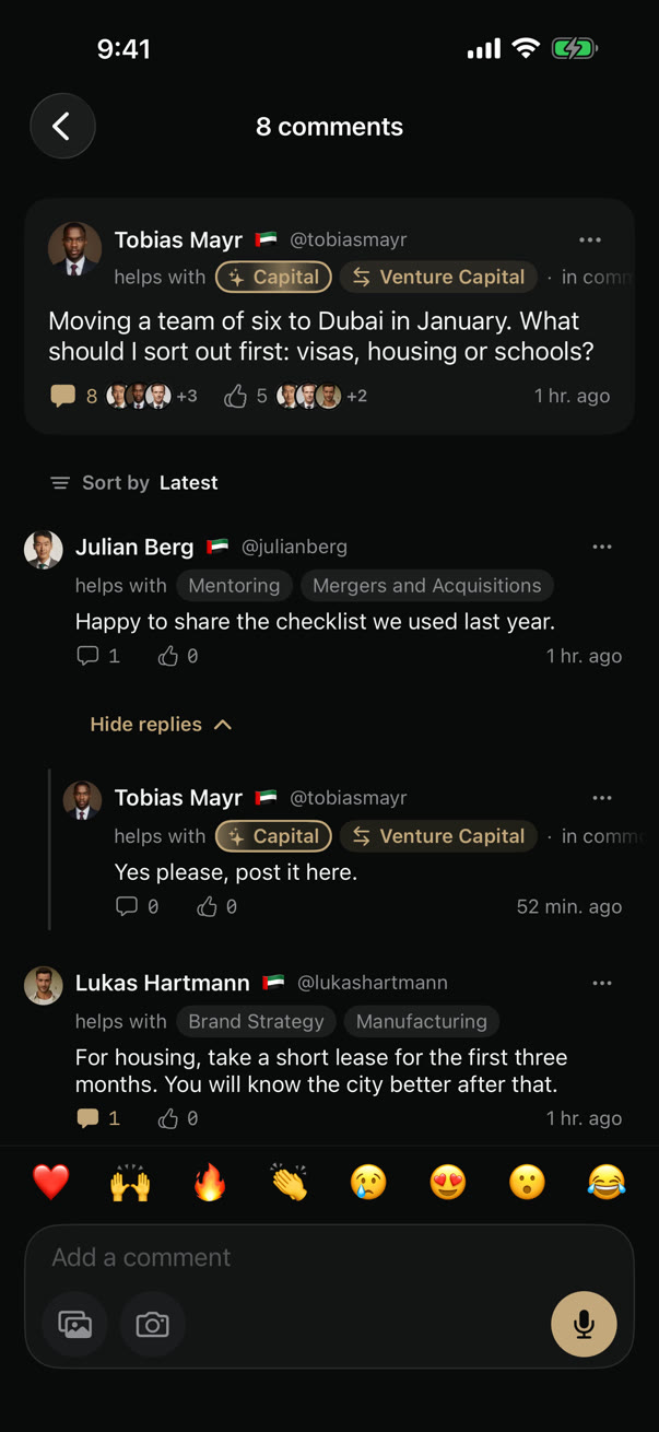 A post on an iPhone with eight comments: members answer each other in the open.